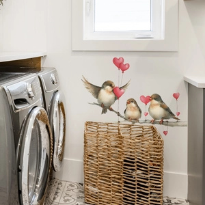 Three birds on branch with pink hearts wall decal for home bedroom decoration