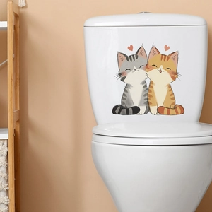Cute cartoon cats and heart wall sticker for bathroom decor on white toilet tank