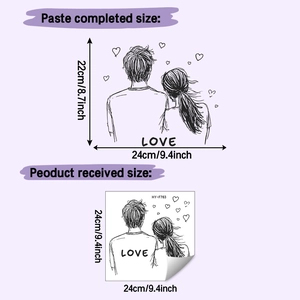 Detail view showing self-adhesive wall sticker with couple silhouette and LOVE text size info