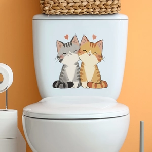 Cute cartoon cats with red hearts toilet sticker decor on a white ceramic tank