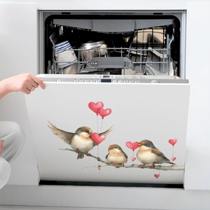 Three cute birds and red heart balloons wall sticker on white dishwasher panel