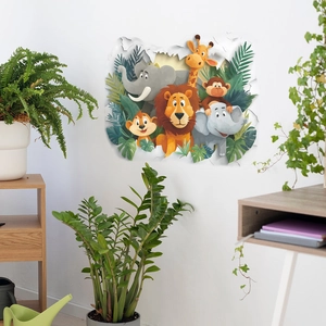3D wall sticker with cartoon jungle animals in broken wall design for kids room decor