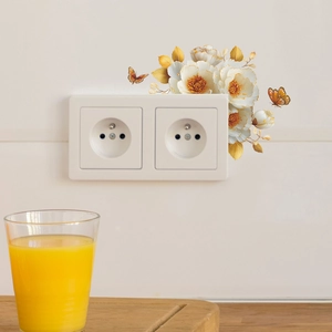 Floral light switch wall sticker with white flowers and butterflies for home decoration
