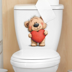 Cute cartoon bear holding red heart waterproof self-adhesive sticker for toilet decoration