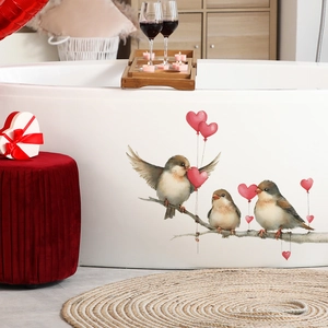 Wall decals with three birds on branches and heart balloons for bathroom decor