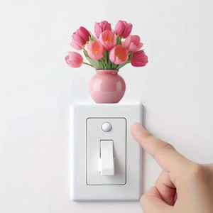 3D pink tulip flower vase wall sticker for home decoration above light switch