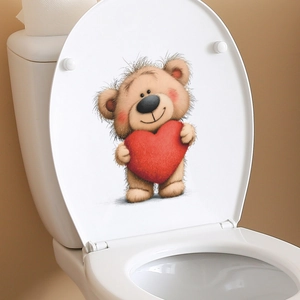 Cute cartoon brown bear holding a red heart self-adhesive waterproof toilet seat sticker