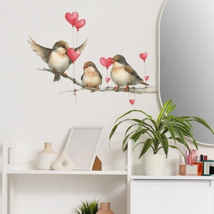 Cute Birds On Branch With Hearts Wall Sticker Removable PVC Self-Adhesive Mural For Bedroom Living Room Home Decoration