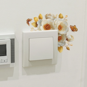 White and gold floral light switch wall sticker with butterflies for home decor
