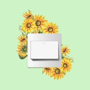 Sunflower wall sticker decor around a white square light switch with watercolor style