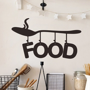 Minimalist black spoon silhouette wall sticker with FOOD typography for kitchen decor