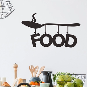 Minimalist black spoon silhouette wall sticker with FOOD lettering for kitchen decor