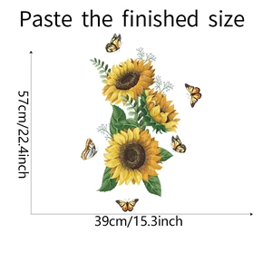 Vue détaillée du kit de stickers muraux tournesols et papillons, dimensions 57x39cm