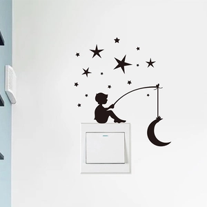 Cartoon boy fishing on moon and stars wall sticker for home switch decoration