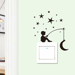 Cartoon boy fishing on moon wall decal for light switch decoration in black vinyl finish