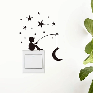 Cartoon boy fishing on moon wall decal with stars for light switch decoration