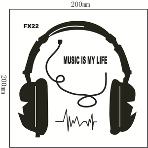 Detail showing 200x200mm Music Is My Life headphone wall sticker with wave design