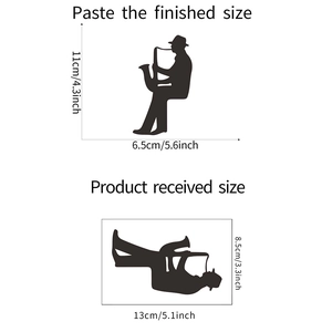 Detailed size guide for black silhouette saxophone wall sticker showing dimensions