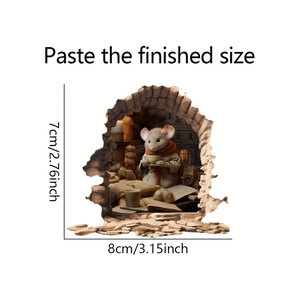 Detail view of 3D cracked wall sticker featuring a mouse drinking tea in a study