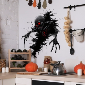 3D Halloween skeleton wall sticker with red eyes breaking through a kitchen wall