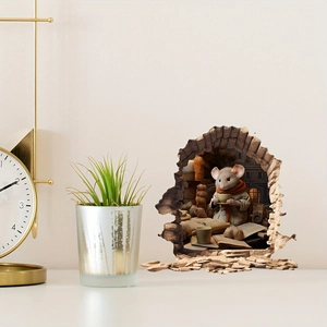 3D wall sticker featuring a cute mouse in a hole for living room home wall decoration