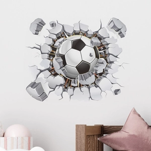 Sticker mural 3D football avec effet de mur brisé pour décoration de chambre d'enfant