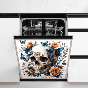 Sticker mural tête de mort Halloween avec papillons bleus et fleurs sur lave-vaisselle