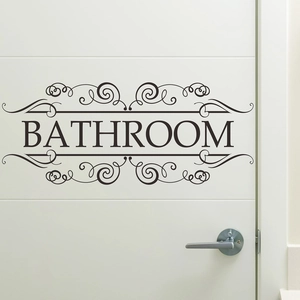 Elegant black Bathroom door sticker with vintage scroll design on white door panel