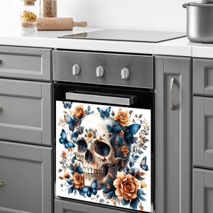 Autocollant magnétique pour four avec crâne gothique, roses oranges et papillons