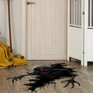 3D Halloween floor decal featuring a glowing red-eyed skeleton emerging from wood cracks