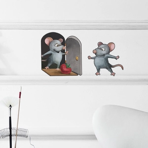 Cartoon mouse hole wall decal with two mice and a red strawberry for home decoration