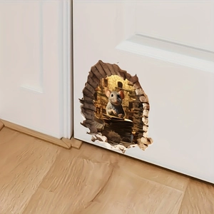 3D realistic gray mouse wall sticker with creative broken wall effect for home decoration