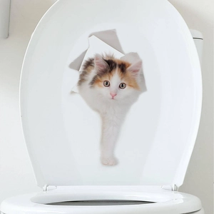 3D realistic calico cat wall sticker peaking from a hole for bathroom decor