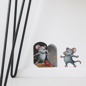3D cartoon mice wall decal with gray mouse hole and strawberry for room decor