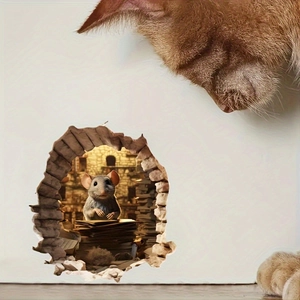 3D wall sticker featuring a cute mouse in a hole watched by realistic cats for home decor