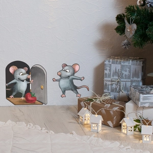Cute cartoon mouse hole wall stickers featuring little mice with a red strawberry