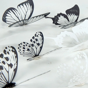 3D butterfly wall stickers with black and white bionic texture and silver glitter details
