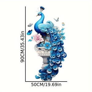 Detail of blue peacock wall sticker with floral patterns and 90x50cm size dimensions