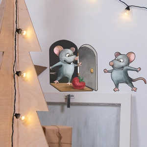 Cartoon mouse hole wall stickers for home decor with cute mice and strawberry details