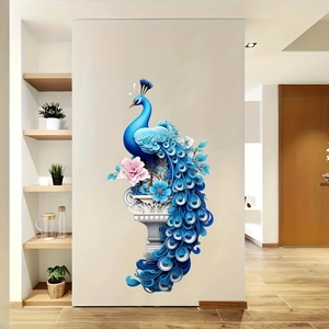 Elegant blue peacock wall sticker with floral design for modern living room decor