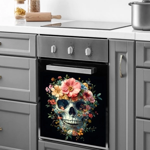 Floral skull magnetic cover for dishwasher or oven door decoration in a modern kitchen