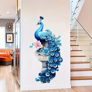 3D blue peacock wall sticker with floral patterns on modern staircase interior wall
