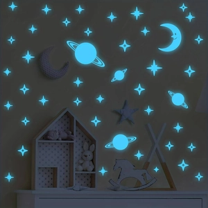 Luminous moon and star wall decals set for kids room with blue glowing planet stickers