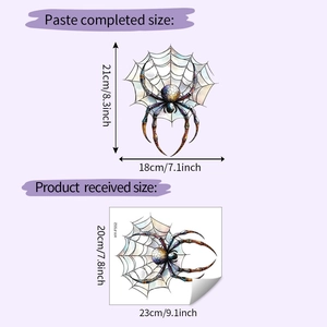 Detail showing dimensions of watercolor spider and web Halloween window stickers
