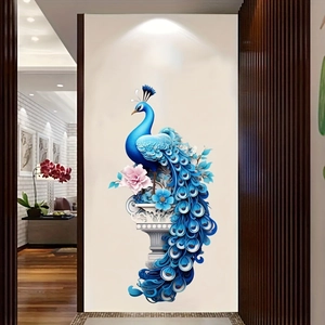 Blue peacock wall sticker on classic pedestal with floral accents for home decor