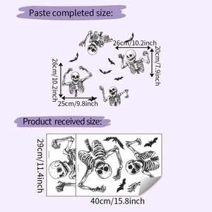 Detailed size chart for Halloween skeleton and bats static wall stickers layout