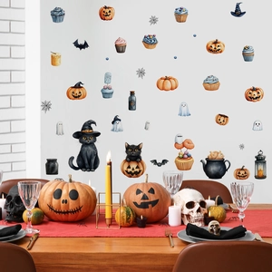 Cute Halloween wall decals featuring watercolor black cat, pumpkin and ghost for home decor