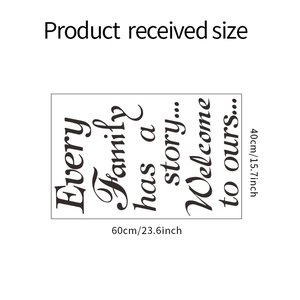 Detail view of Family Story wall quote decal showing artistic cursive font and 60x40cm dimensions
