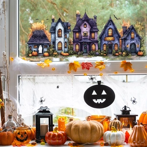 Halloween Fensterbilder mit bunten Geisterschlössern, Gespenstern und Kürbis Dekoration