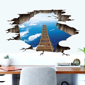 Three Dimensional Broken Wall Bridge Ocean Sky Pattern Wall Sticker Waterproof Removable PVC Decal For Home Decoration